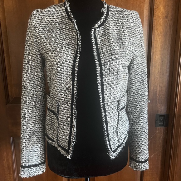 Black/White Tweed with black trim jacket with pockets. Size Small. - Picture 1 of 6
